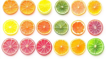Obraz premium Colorful array of citrus fruit slices, including lemon, lime, orange, and grapefruit, displayed in neat rows on a white background.