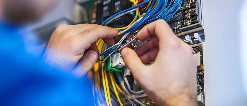 Electrical technician working on wiring and electrical system installation in a commercial or residential building