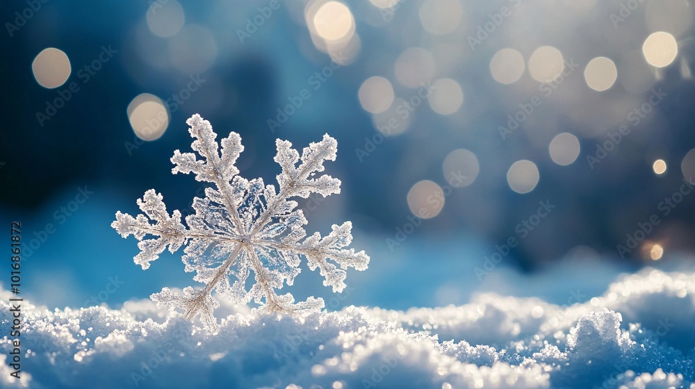 Poster stunning close-up of a delicate snowflake on a soft snowy background with bokeh lights in winter won