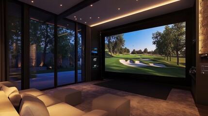 Modern indoor golf simulator room with a large screen displaying a golf course. Includes padded seating, golf equipment display, ambient lighting, and glass doors leading outside