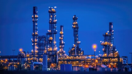 A nighttime view of an industrial complex with towering pipelines and illuminated structures, showcasing the complexity