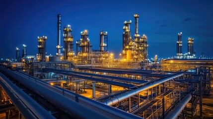 A nighttime view of an industrial complex with towering pipelines and illuminated structures, showcasing the complexity