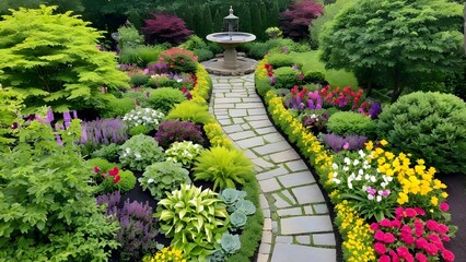 tranquil garden scene with a variety of plants, including purple salvia, yellow marigolds, and pink petunias along a winding stone path. Add elements like butterflies and birds to enhance the serene