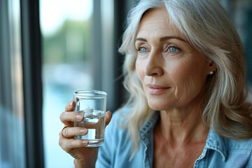 Photo of Caucasian woman at home taking medication to manage symptoms of thyroid gland salivary disease.