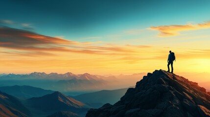  A lone hiker standing triumphantly on a rocky mountain summit, gazing out over a sweeping panoramic view of valleys and distant peaks, bathed in golden sunset light. 