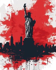 The Statue of Liberty is shown in bold urban art with vibrant red accents, symbolizing freedom