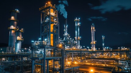 A nighttime view of an industrial complex with towering pipelines and illuminated structures, showcasing the complexity
