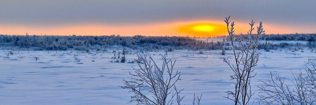 A tranquil winter sunrise illuminates a snow-covered landscape, evoking themes of serenity and renewal during the winter solstice