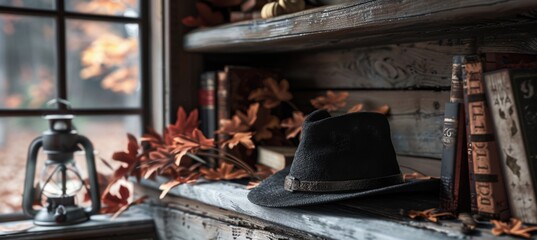 Nostalgic Autumn Library Shelf with Pilgrim Hat, Lantern, and Fall Decorations for Rustic Ambiance