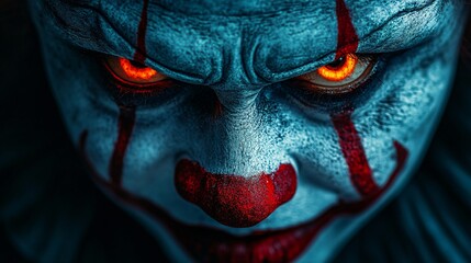 Intense Close-Up of a Creepy Clown Face with Glowing Eyes and Dramatic Makeup in Dark Atmosphere