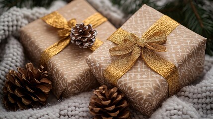 Elegant Holiday Gift Boxes with Golden Ribbons and Pine Cones on Cozy Knit Blanket for Festive Christmas or Winter Celebration