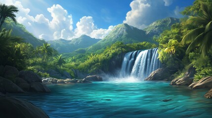 Fototapeta premium Cascading Waterfall in Tropical Jungle cascading down into a clear pool of water, surrounded by lush tropical vegetation and bright, direct sunlight overhead. 