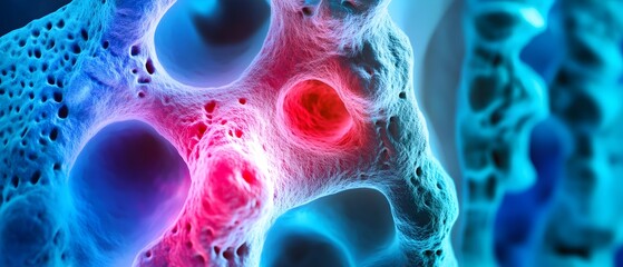 Close up view of a bone density scan image highlighting the detailed cellular structure and patterns that may indicate the potential impact of hyperparathyroidism on overall bone health and density