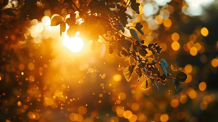 Golden hour sunset sunrise time tranquil spring summer nature closeup bokeh forest background