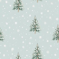 Watercolor Christmas Tree with Snowflakes Background Seamless Pattern