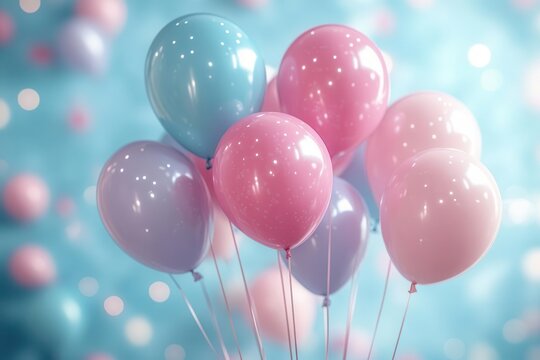 festive scene of pastel pink and blue balloons floating against a soft background evoking a cheerful atmosphere perfect for celebrations and special occasions