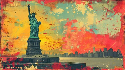 The Statue of Liberty has a vivid color splash background that enhances its stunning presence