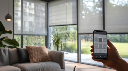 A hand holds a smartphone controlling window shades in a modern living space with greenery outside.