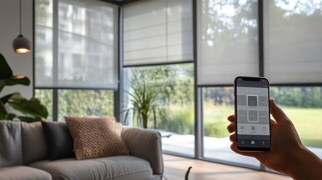 A hand holds a smartphone controlling window shades in a modern living space with greenery outside.