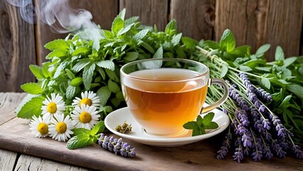 warm cup of tea surrounded by bunches of mint, chamomile, and lavender with steam rising from the cup. The scene should evoke a sense of calm and relaxation