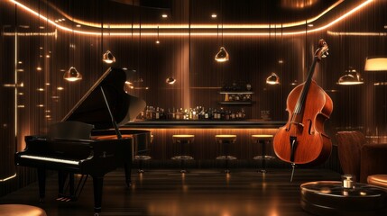 Fototapeta premium Modern jazz bar interior design, stage with black piano and cello, lamps above bar counter