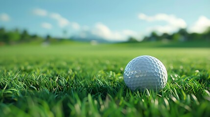 Fototapeta premium Golf ball on green grass with blue sky background