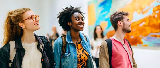 Diverse group of friends exploring and appreciating art culture and knowledge together in a modern museum or art gallery setting