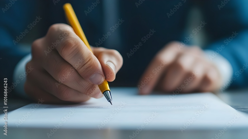 Poster close up view of a consultant s hand making detailed notes and annotations on a printed client propo