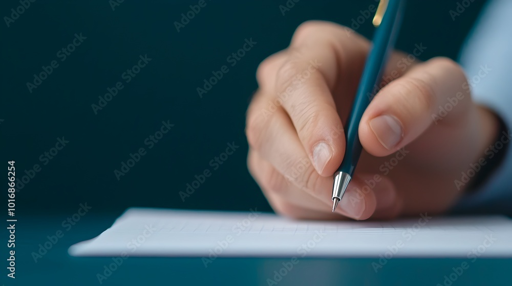 Poster close up of a consultant s hand making detailed notes and annotations on a printed client proposal d