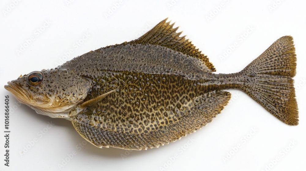 Poster flatfish from the pleuronectiformes order is presented with its distinct flattened body and patterne