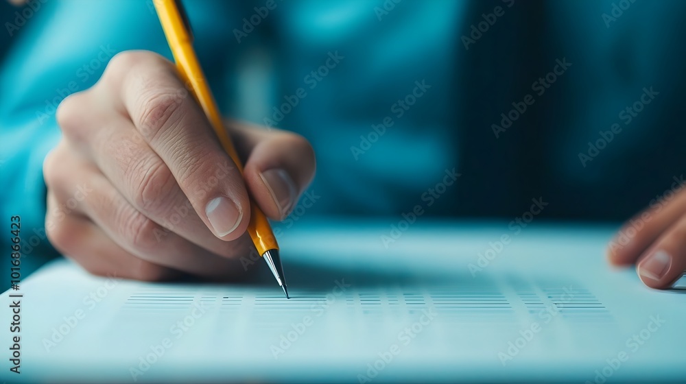 Poster close up view of a consultant s hand holding a pen and making notes on a printed client proposal doc