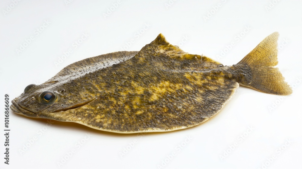 Poster flatfish showcases its unique flattened body and patterns on a plain white surface highlighting the 
