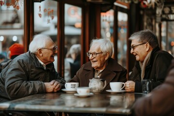 Group of senior friends drinking coffee in Paris, France. Elderly people talking and drinking...