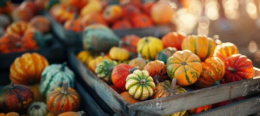 Heirloom Pumpkins and Squash in a Rustic Wooden Crate at a Harvest Festival Market Stall