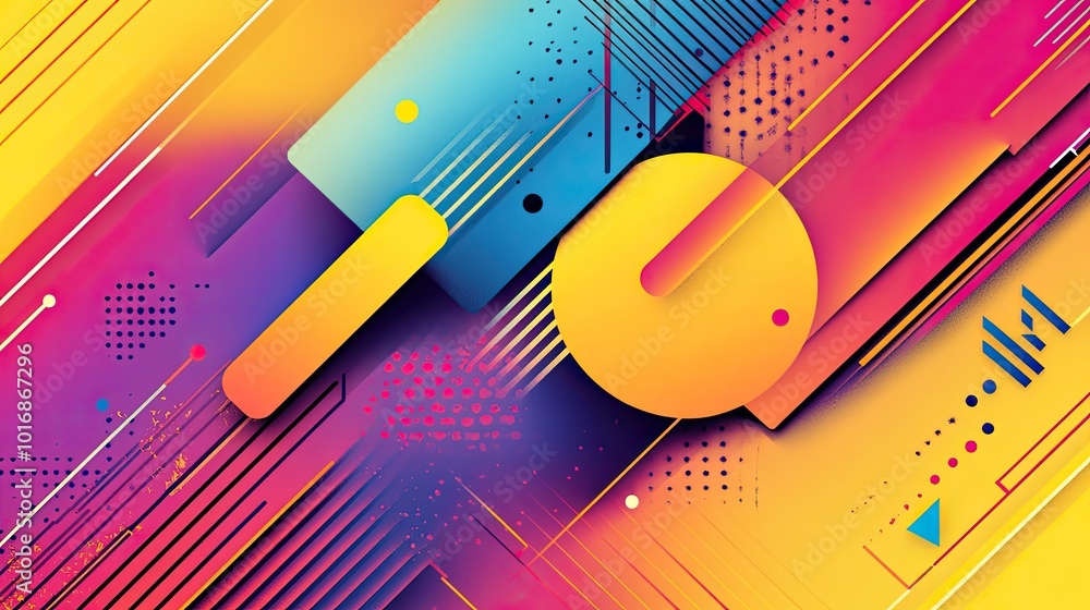 Poster a vibrant background with sleek diagonal lines intersecting geometric shapes in bold colors, creatin