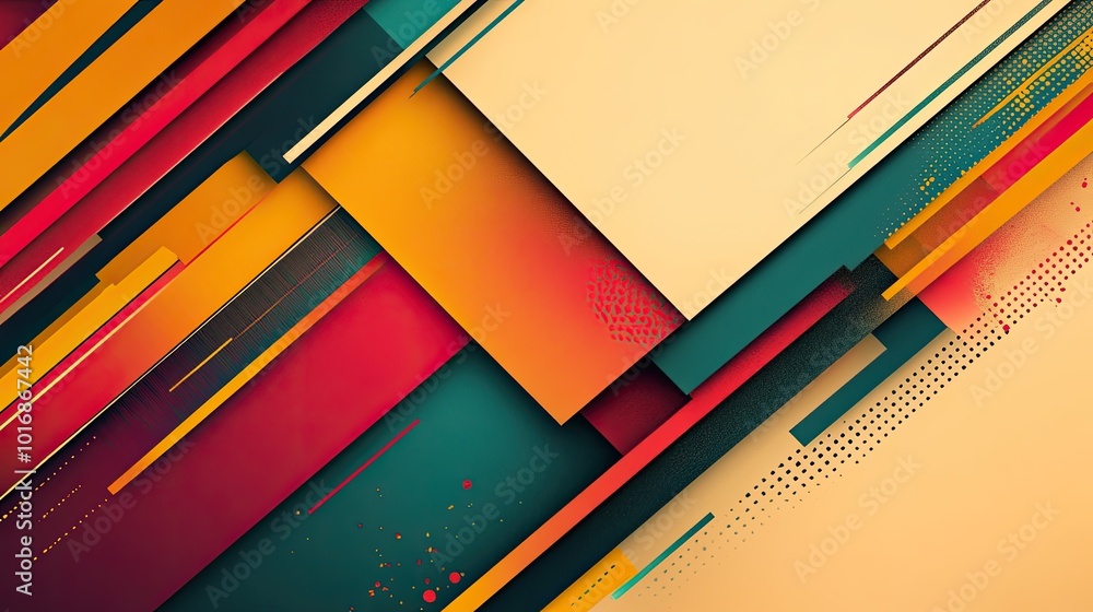 Poster a vibrant background with sleek diagonal lines intersecting geometric shapes in bold colors, creatin