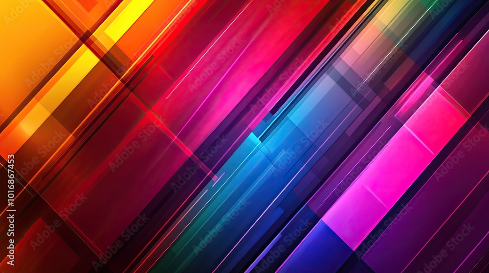 Poster a vibrant background with sleek diagonal lines intersecting geometric shapes in bold colors, creatin