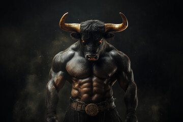 Powerful minotaur with head of bull and human body stands on the dark background.