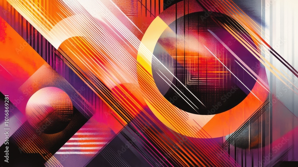 Poster diagonal lines with gradient shades crossing over geometric circles and triangles, creating a dynami