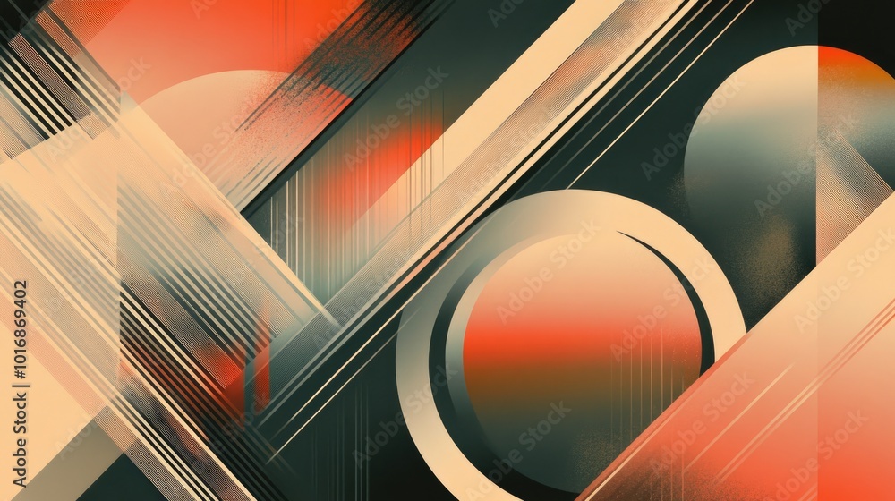 Poster diagonal lines with gradient shades crossing over geometric circles and triangles, creating a dynami