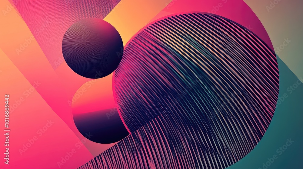 Poster diagonal lines with gradient shades crossing over geometric circles and triangles, creating a dynami