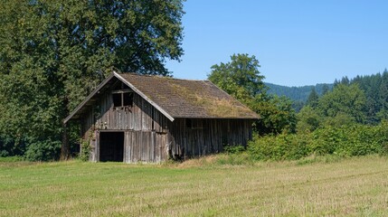 Obraz premium A rustic wooden barn stands majestically in a green field under a bright blue sky