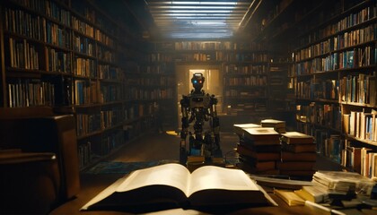 Robot in the library, AI generated