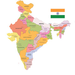 India political map .India’s map showcasing each state in unique colors for clear distinction. India’s national rectangular flag is placed above the map for added identity. India national map 