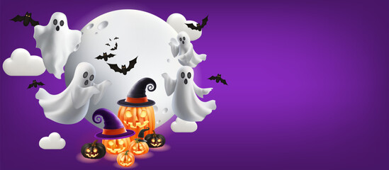 Halloween Sale Promotion poster template with halloween pumpkins ghosts and Spooky discount offer on dark Mesh gradient wes used