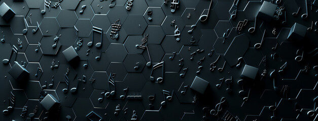 Fototapeta premium Abstract background with musical notes and black hexagonal patterns on a dark background, geometric design.