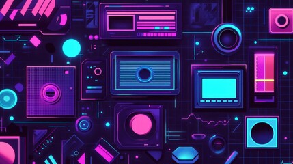 Fototapeta premium Retro 90s design with flashy geometric shapes, neon gradients, and tech elements like VHS tapes and pagers for a nostalgic vibe.