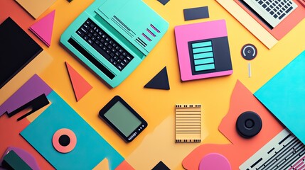 Retro 90s geometric shapes in bold colors, mixed with vintage tech like floppy disks and old-school phones, creating a fun throwback vibe.
