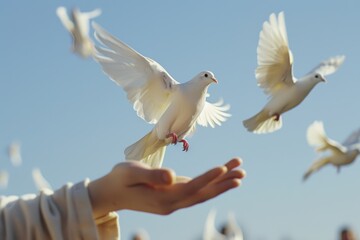Symbolic Release of White Doves Against Clear Blue Sky for Peace and Remembrance on National Day of Mourning