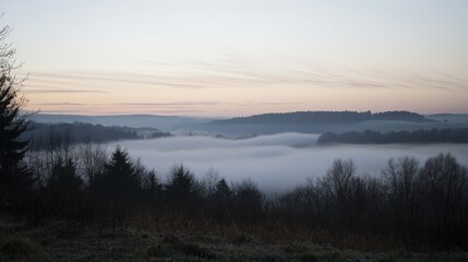 Obraz premium Misty dawn blankets the tranquil valley at sunrise, illuminating the landscape in soft hues